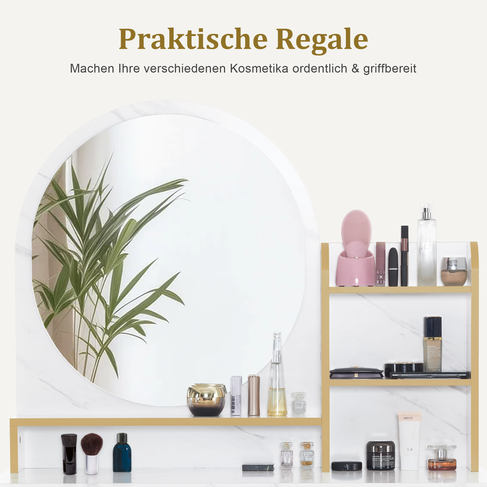 Coiffeuse de barbier avec miroir, coiffeuse avec 2 tiroirs, 3 étagères ouvertes, support pour sèche-cheveux, table cosmétique en bois et structure en métal, marbre-or blanc, 43*104*147,5 cm, 2501 