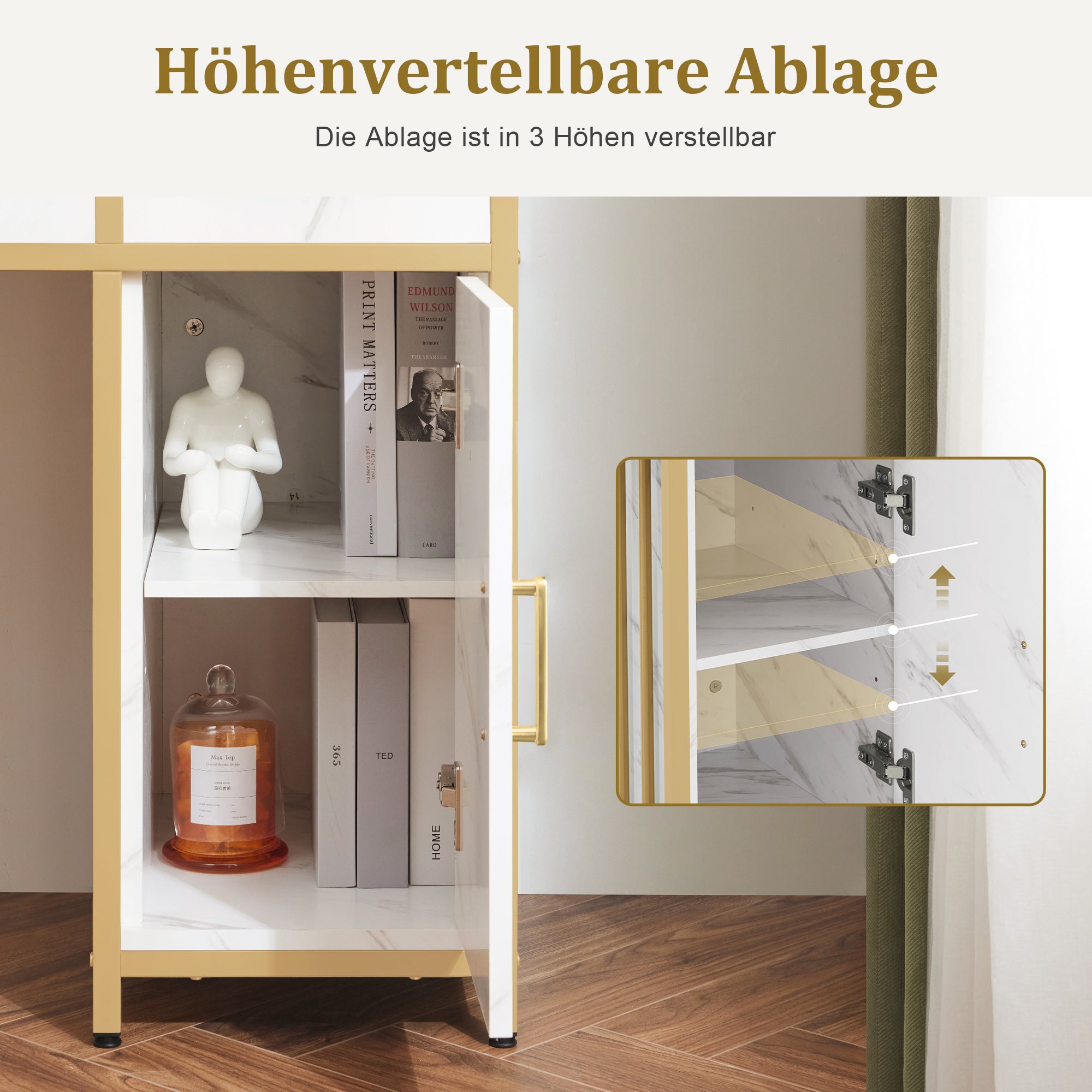 Coiffeuse de barbier avec miroir, coiffeuse avec 2 tiroirs, 3 étagères ouvertes, support pour sèche-cheveux, table cosmétique en bois et structure en métal, marbre-or blanc, 43*104*147,5 cm, 2501 