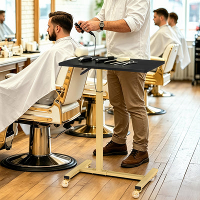 BarberPub tavolino laterale con rotelle, tavolo da lavoro regolabile in altezza, carrello portavassoio da salone color oro, tavolino da letto a forma di C, carrello da parrucchiere per saloni di acconciatura, centri per manicure e soggiorni, 2832
