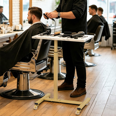 BarberPub tavolino laterale con rotelle, tavolo da lavoro regolabile in altezza, carrello portavassoio da salone color oro, tavolino da letto a forma di C, carrello da parrucchiere per saloni di acconciatura, centri per manicure e soggiorni, 2832