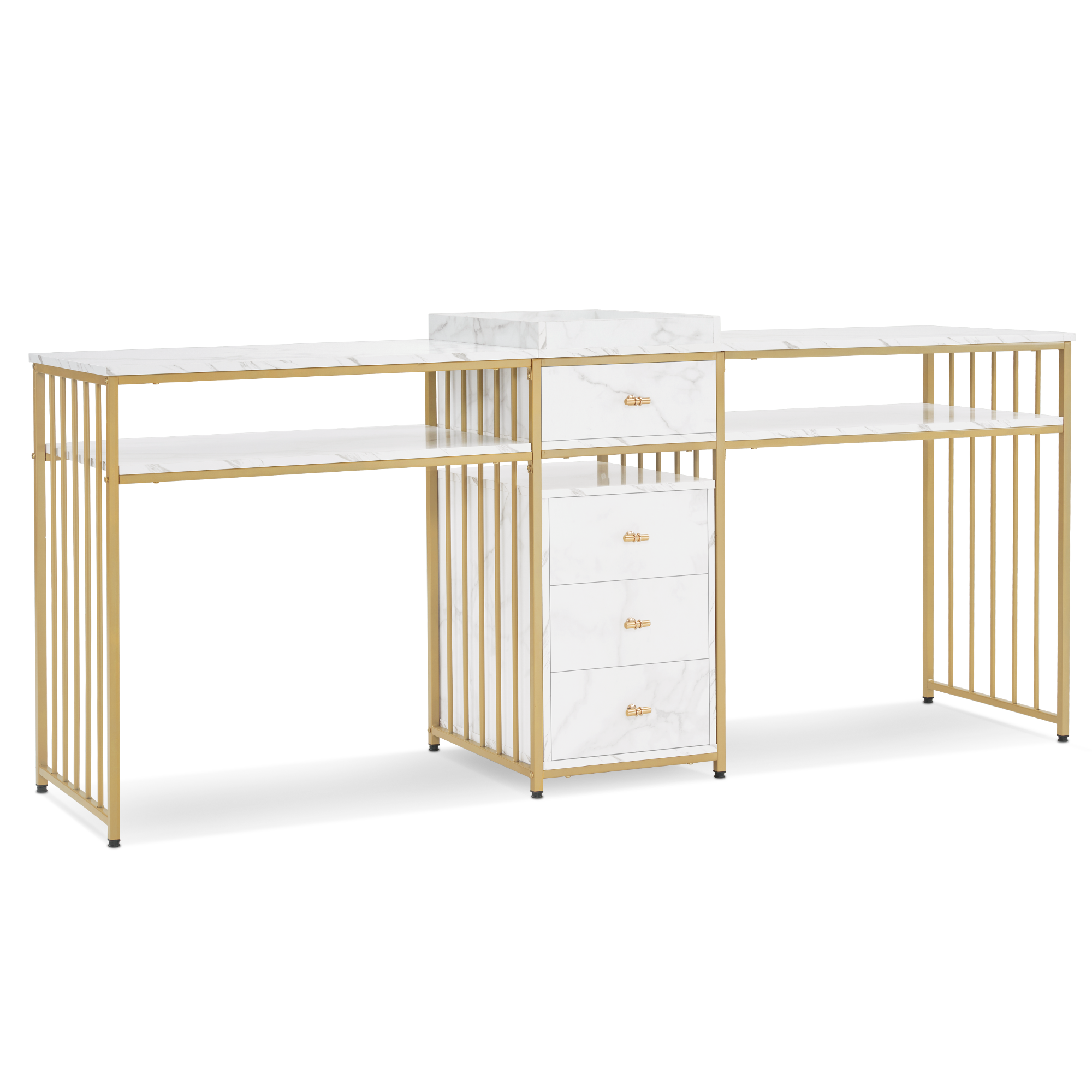 Coiffeuse double avec tiroirs, bureau avec étagère, table de manucure, coiffeuse sans miroir, salon moderne, marbre blanc doré, 50 x 200 x 86 cm, 2413 