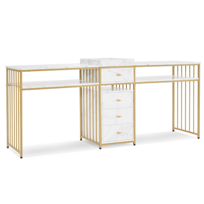 Barberpub double nail table with drawers, desk with shelf, manicure table, dressing table without mirror, modern living room, marble-white gold, 50 x 200 x 86 cm, 2413 