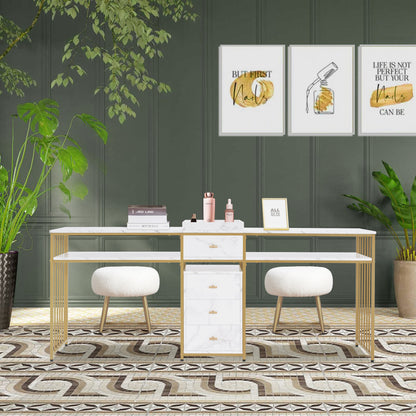 Barberpub double nail table with drawers, desk with shelf, manicure table, dressing table without mirror, modern living room, marble-white gold, 50 x 200 x 86 cm, 2413 