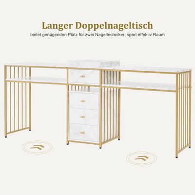 Barberpub double nail table with drawers, desk with shelf, manicure table, dressing table without mirror, modern living room, marble-white gold, 50 x 200 x 86 cm, 2413 
