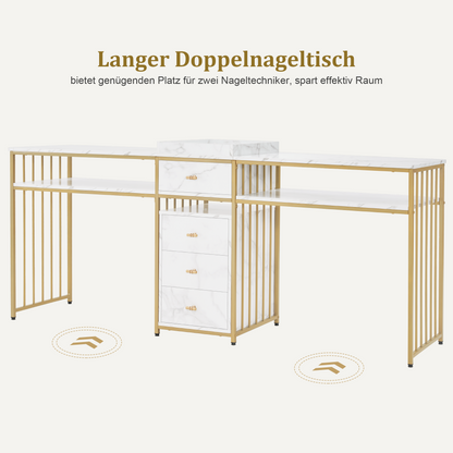 Barberpub double nail table with drawers, desk with shelf, manicure table, dressing table without mirror, modern living room, marble-white gold, 50 x 200 x 86 cm, 2413 