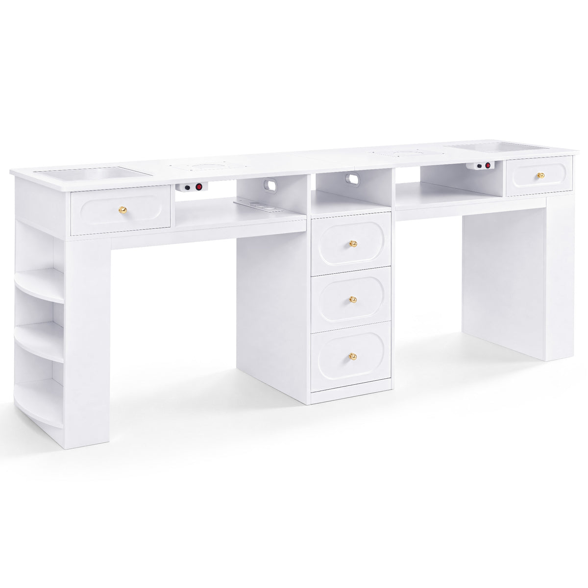 BarberPub Doppelnageltisch mit 5 Schubladen, 2 Regalen, 3 Ablagen & 2 Glasplatten, Manikürtisch mit 2 Absaugungen, Nagelfrisiertisch Holz, Schreibtisch für Nagelstudio Weiß, 55x202x80cm, 2S-2442