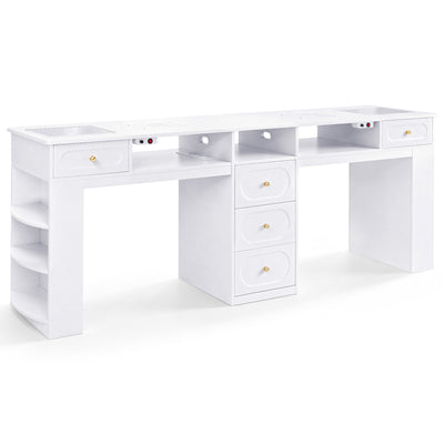 BarberPub Doppelnageltisch mit 5 Schubladen, 2 Regalen, 3 Ablagen & 2 Glasplatten, Manikürtisch mit 2 Absaugungen, Nagelfrisiertisch Holz, Schreibtisch für Nagelstudio Weiß, 55x202x80cm, 2S-2442