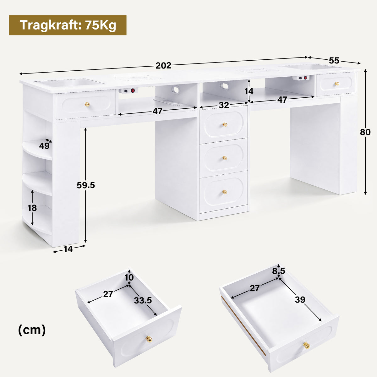 BarberPub Doppelnageltisch mit 5 Schubladen, 2 Regalen, 3 Ablagen & 2 Glasplatten, Manikürtisch mit 2 Absaugungen, Nagelfrisiertisch Holz, Schreibtisch für Nagelstudio Weiß, 55x202x80cm, 2S-2442
