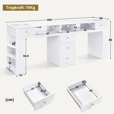 BarberPub Doppelnageltisch mit 5 Schubladen, 2 Regalen, 3 Ablagen & 2 Glasplatten, Manikürtisch mit 2 Absaugungen, Nagelfrisiertisch Holz, Schreibtisch für Nagelstudio Weiß, 55x202x80cm, 2S-2442