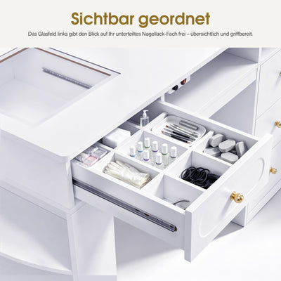 BarberPub Doppelnageltisch mit 5 Schubladen, 2 Regalen, 3 Ablagen & 2 Glasplatten, Manikürtisch mit 2 Absaugungen, Nagelfrisiertisch Holz, Schreibtisch für Nagelstudio Weiß, 55x202x80cm, 2S-2442