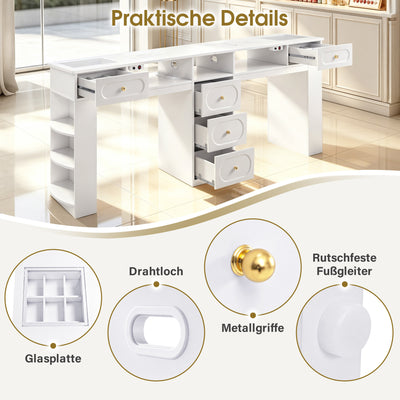 BarberPub Doppelnageltisch mit 5 Schubladen, 2 Regalen, 3 Ablagen & 2 Glasplatten, Manikürtisch mit 2 Absaugungen, Nagelfrisiertisch Holz, Schreibtisch für Nagelstudio Weiß, 55x202x80cm, 2S-2442
