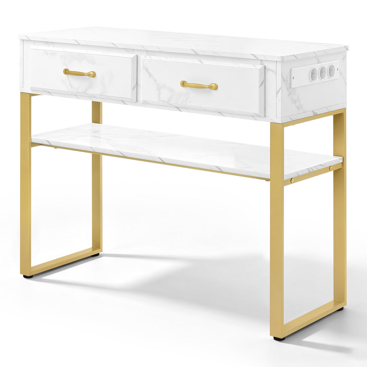 BarberPub Friseurtisch mit 2 Schubladen & Offener Ablage, Schreibtisch Marmor-Weiß Gold, Schminktisch ohne Spiegel, Friseurplatz für Friseursalon, Computertisch Schlafzimmer, 40x100x80cm, 3579