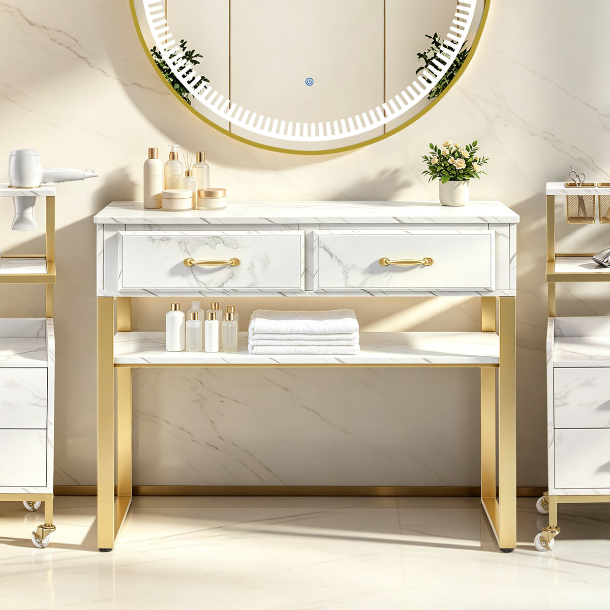 BarberPub Friseurtisch mit 2 Schubladen & Offener Ablage, Schreibtisch Marmor-Weiß Gold, Schminktisch ohne Spiegel, Friseurplatz für Friseursalon, Computertisch Schlafzimmer, 40x100x80cm, 3579