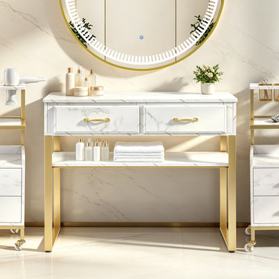 BarberPub Friseurtisch mit 2 Schubladen & Offener Ablage, Schreibtisch Marmor-Weiß Gold, Schminktisch ohne Spiegel, Friseurplatz für Friseursalon, Computertisch Schlafzimmer, 40x100x80cm, 3579
