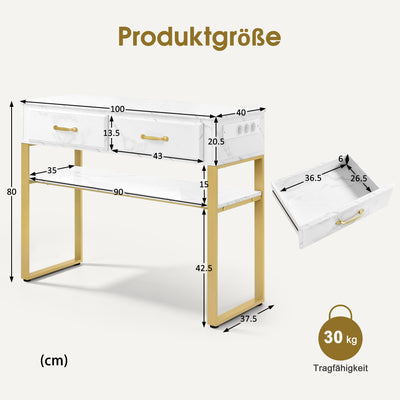 BarberPub Friseurtisch mit 2 Schubladen & Offener Ablage, Schreibtisch Marmor-Weiß Gold, Schminktisch ohne Spiegel, Friseurplatz für Friseursalon, Computertisch Schlafzimmer, 40x100x80cm, 3579