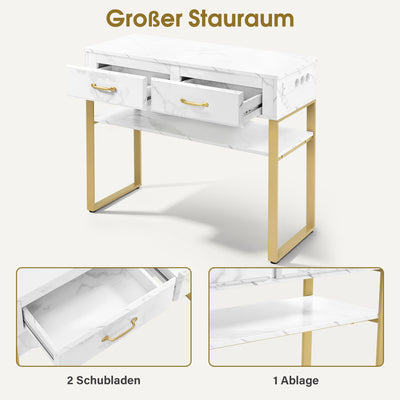 BarberPub Friseurtisch mit 2 Schubladen & Offener Ablage, Schreibtisch Marmor-Weiß Gold, Schminktisch ohne Spiegel, Friseurplatz für Friseursalon, Computertisch Schlafzimmer, 40x100x80cm, 3579