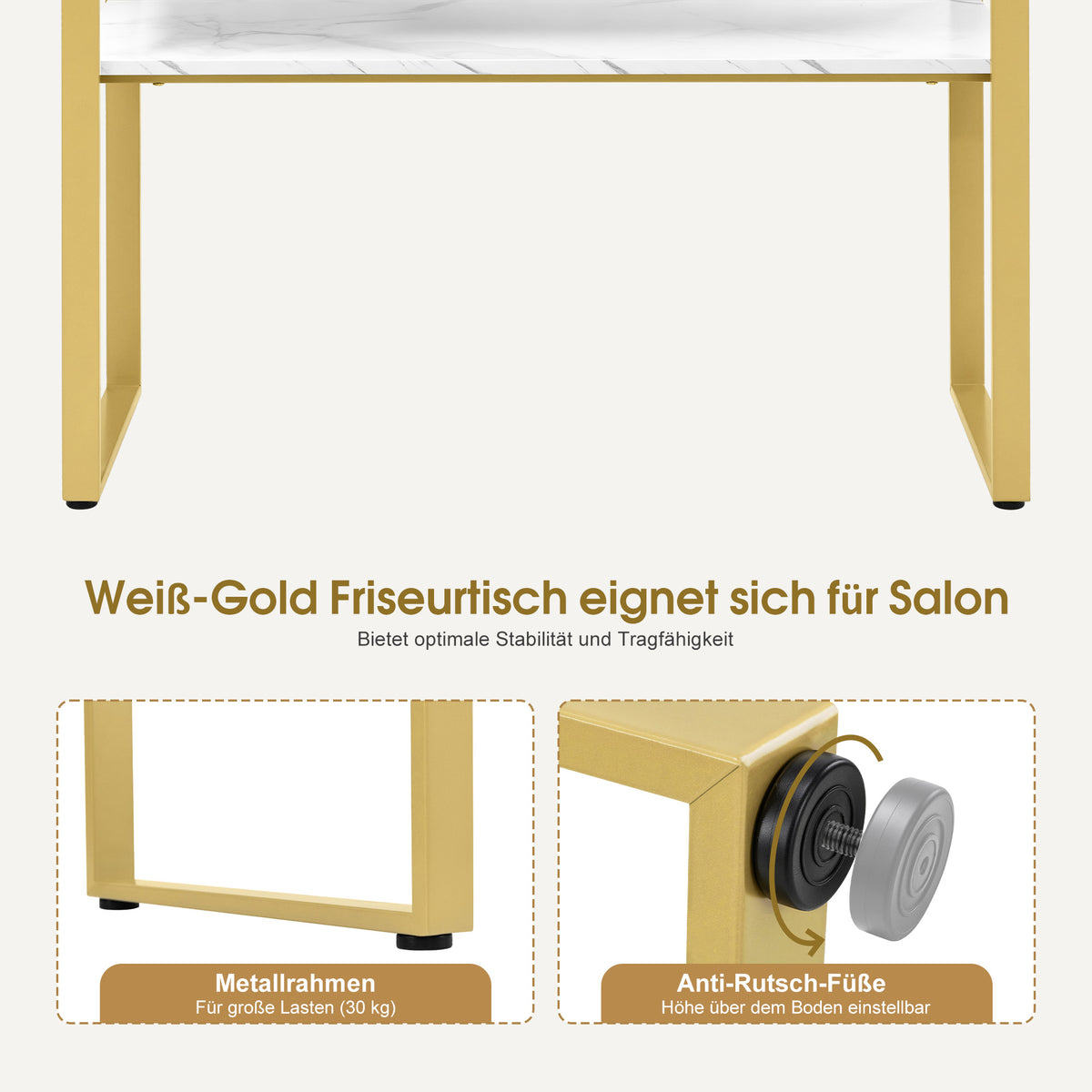 BarberPub Friseurtisch mit 2 Schubladen & Offener Ablage, Schreibtisch Marmor-Weiß Gold, Schminktisch ohne Spiegel, Friseurplatz für Friseursalon, Computertisch Schlafzimmer, 40x100x80cm, 3579