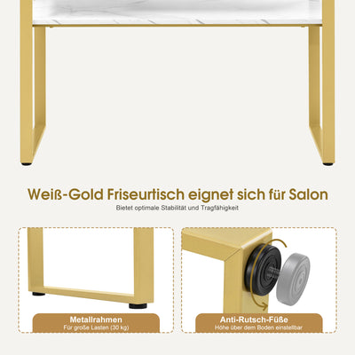 BarberPub Friseurtisch mit 2 Schubladen & Offener Ablage, Schreibtisch Marmor-Weiß Gold, Schminktisch ohne Spiegel, Friseurplatz für Friseursalon, Computertisch Schlafzimmer, 40x100x80cm, 3579