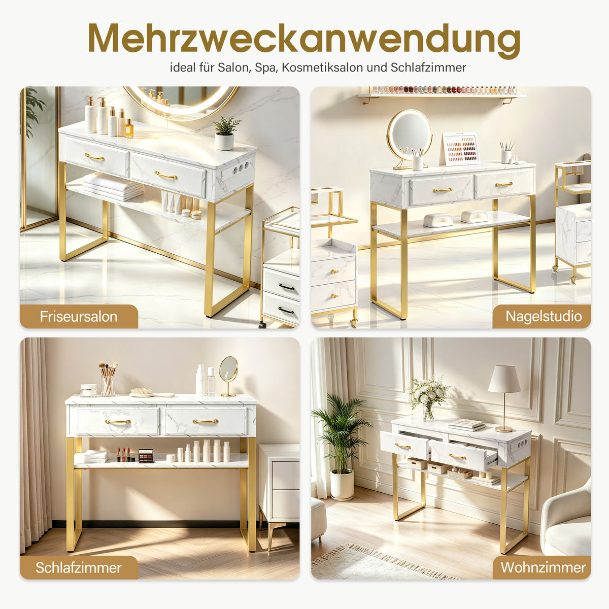 BarberPub Friseurtisch mit 2 Schubladen & Offener Ablage, Schreibtisch Marmor-Weiß Gold, Schminktisch ohne Spiegel, Friseurplatz für Friseursalon, Computertisch Schlafzimmer, 40x100x80cm, 3579
