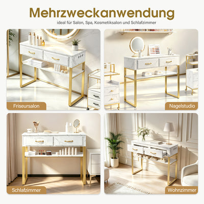 BarberPub Friseurtisch mit 2 Schubladen & Offener Ablage, Schreibtisch Marmor-Weiß Gold, Schminktisch ohne Spiegel, Friseurplatz für Friseursalon, Computertisch Schlafzimmer, 40x100x80cm, 3579