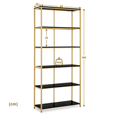 Libreria BarberPub color oro, scaffale autoportante a 5 ripiani con struttura in metallo, scaffale per ufficio, soggiorno, camera da letto, cucina e studio di bellezza, 30x80x180 cm, 5166