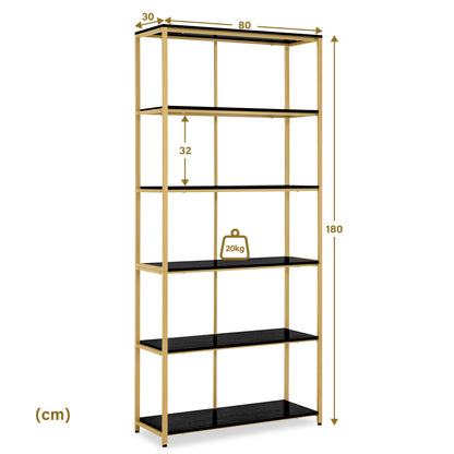 BarberPub Étagère Dorée, Étagère sur Pieds à 5 Niveaux, Étagère de Bureau avec Cadre Métallique, Étagère pour Bureau, Salon, Chambre, Cuisine, Salon de Manucure, 30x80x180cm, 5166