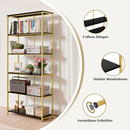 BarberPub Étagère Dorée, Étagère sur Pieds à 5 Niveaux, Étagère de Bureau avec Cadre Métallique, Étagère pour Bureau, Salon, Chambre, Cuisine, Salon de Manucure, 30x80x180cm, 5166