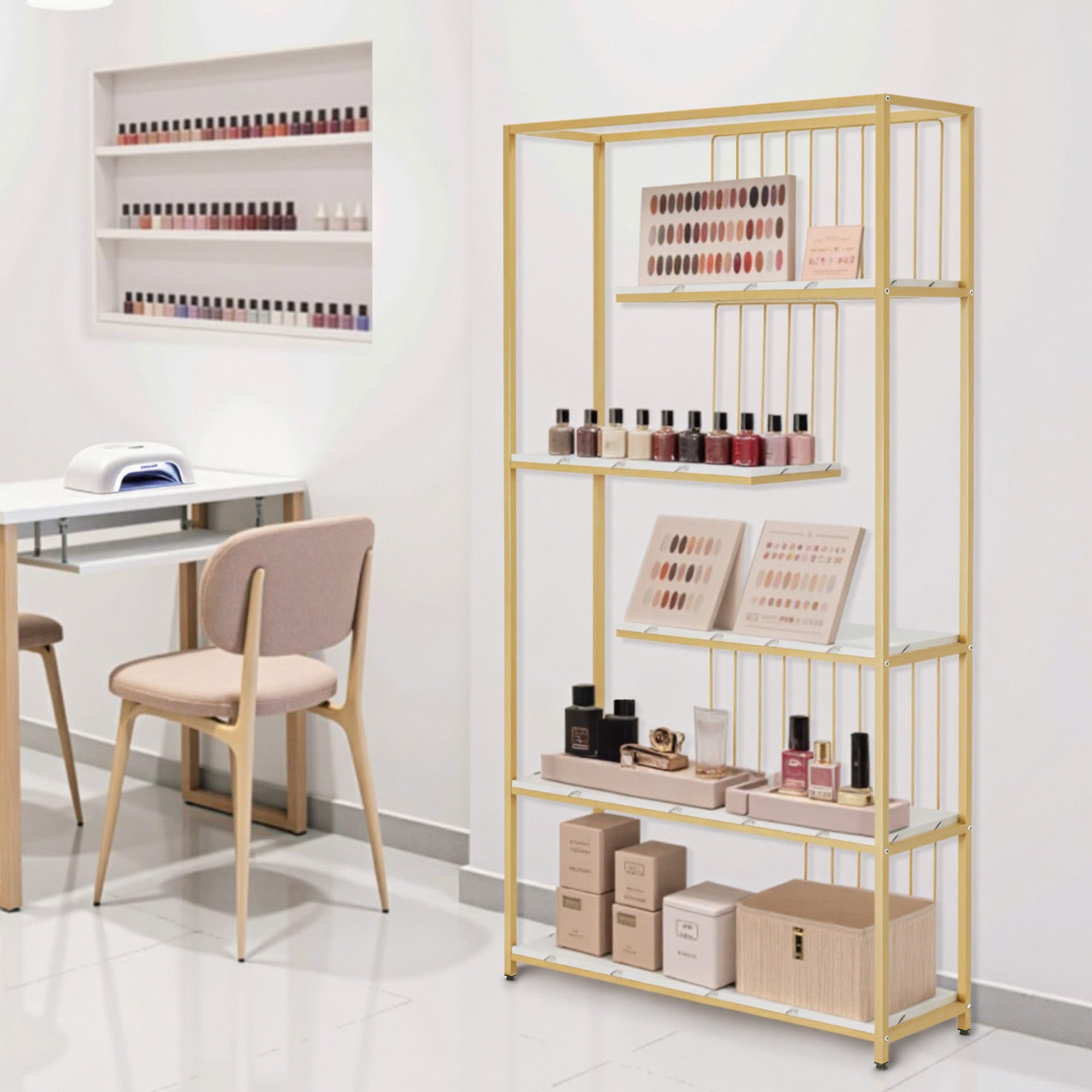 Bibliothèque BarberPub, étagère sur pied à 5 niveaux, étagère de bureau avec cadre en métal, étagère pour bureau, salon, chambre, cuisine, salon de manucure, marbre blanc doré, 30 x 100 x 180 cm, 5177