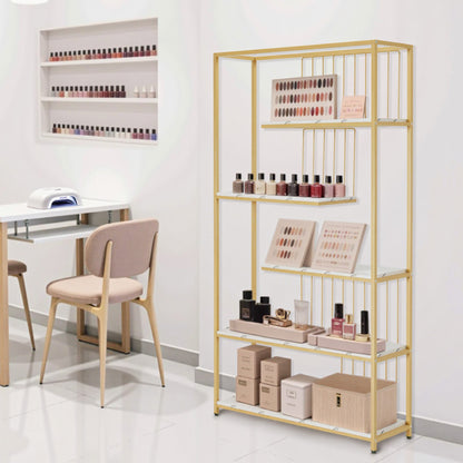 BarberPub Bücherregal, Standregal mit 5 Ebenen, Büroregal mit Metallrahmen, Regal für Büro, Wohnzimmer, Schlafzimmer, Küche, Nagelstudio, Marmor-Weiß Gold, 30x100x180cm, 5177