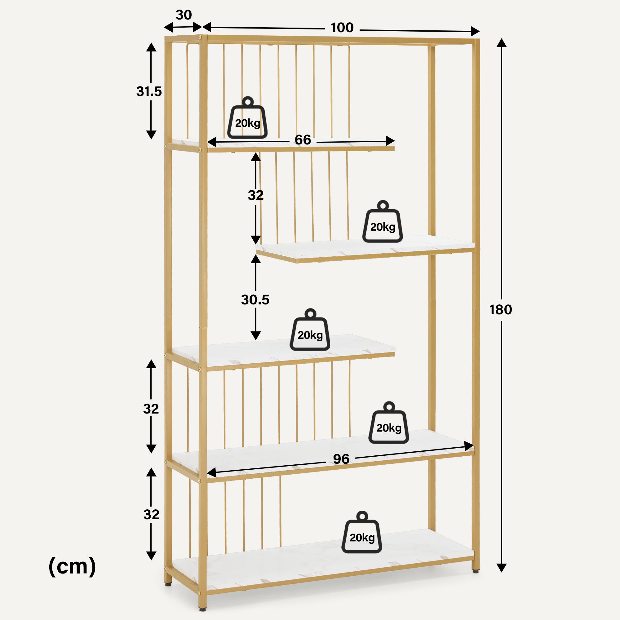 Bibliothèque BarberPub, étagère sur pied à 5 niveaux, étagère de bureau avec cadre en métal, étagère pour bureau, salon, chambre, cuisine, salon de manucure, marbre blanc doré, 30 x 100 x 180 cm, 5177