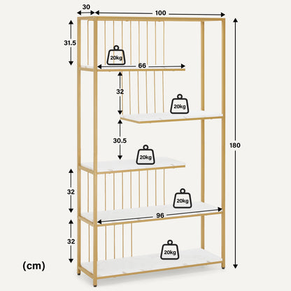 BarberPub Bücherregal, Standregal mit 5 Ebenen, Büroregal mit Metallrahmen, Regal für Büro, Wohnzimmer, Schlafzimmer, Küche, Nagelstudio, Marmor-Weiß Gold, 30x100x180cm, 5177