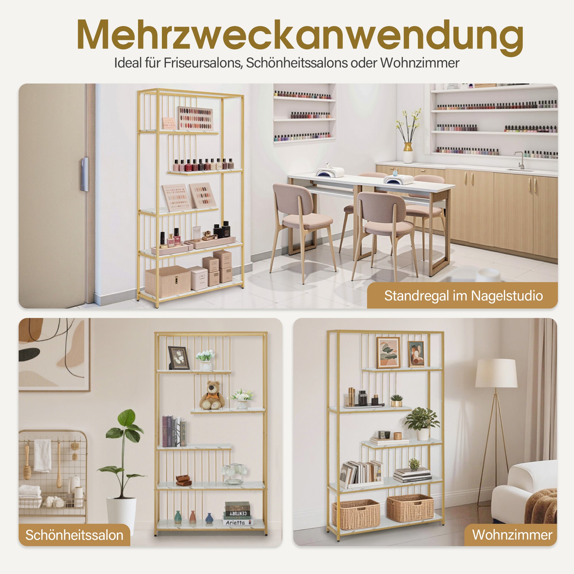 BarberPub Bücherregal, Standregal mit 5 Ebenen, Büroregal mit Metallrahmen, Regal für Büro, Wohnzimmer, Schlafzimmer, Küche, Nagelstudio, Marmor-Weiß Gold, 30x100x180cm, 5177