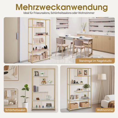 BarberPub Bücherregal, Standregal mit 5 Ebenen, Büroregal mit Metallrahmen, Regal für Büro, Wohnzimmer, Schlafzimmer, Küche, Nagelstudio, Marmor-Weiß Gold, 30x100x180cm, 5177