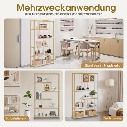 BarberPub Bücherregal, Standregal mit 5 Ebenen, Büroregal mit Metallrahmen, Regal für Büro, Wohnzimmer, Schlafzimmer, Küche, Nagelstudio, Marmor-Weiß Gold, 30x100x180cm, 5177