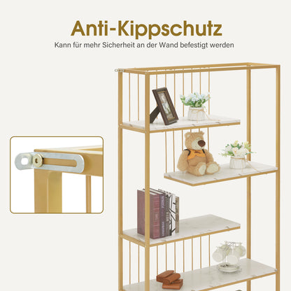 BarberPub Bücherregal, Standregal mit 5 Ebenen, Büroregal mit Metallrahmen, Regal für Büro, Wohnzimmer, Schlafzimmer, Küche, Nagelstudio, Marmor-Weiß Gold, 30x100x180cm, 5177