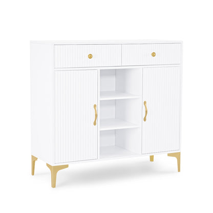 Buffet BarberPub à 2 tiroirs, meuble de salle de bain avec 3 compartiments ouverts et 2 étagères réglables, meuble de cuisine, commode blanche, meuble d'appoint pour salon de manucure, meuble de salle de bain, 40 x 100 x 95 cm, 6647
