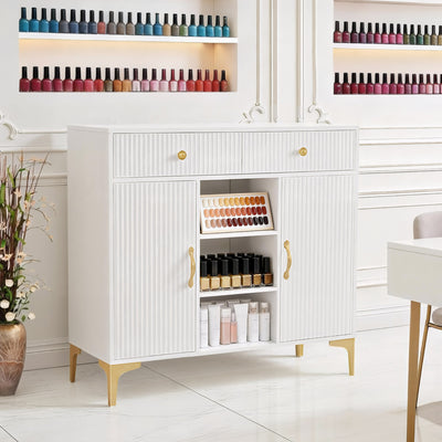 BarberPub Sideboard mit 2 Schubladen, Badezimmerschrank mit 3 Offenen Fächern & 2 Verstellbaren Ablagen, Küchenschrank, Kommode Weiß, Beistellschrank für Nagelstudio, Badschrank, 40x100x95cm, 6647