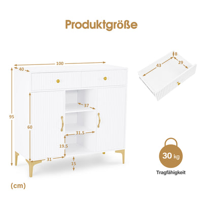 BarberPub Sideboard mit 2 Schubladen, Badezimmerschrank mit 3 Offenen Fächern & 2 Verstellbaren Ablagen, Küchenschrank, Kommode Weiß, Beistellschrank für Nagelstudio, Badschrank, 40x100x95cm, 6647