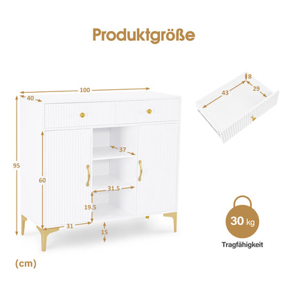 Buffet BarberPub à 2 tiroirs, meuble de salle de bain avec 3 compartiments ouverts et 2 étagères réglables, meuble de cuisine, commode blanche, meuble d'appoint pour salon de manucure, meuble de salle de bain, 40 x 100 x 95 cm, 6647