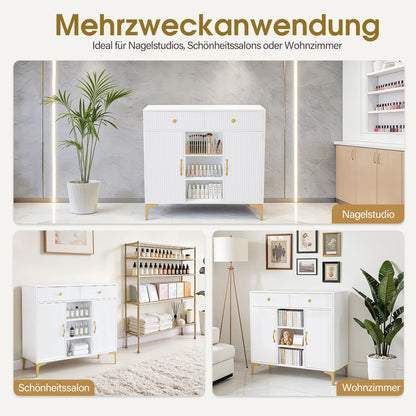 Buffet BarberPub à 2 tiroirs, meuble de salle de bain avec 3 compartiments ouverts et 2 étagères réglables, meuble de cuisine, commode blanche, meuble d'appoint pour salon de manucure, meuble de salle de bain, 40 x 100 x 95 cm, 6647