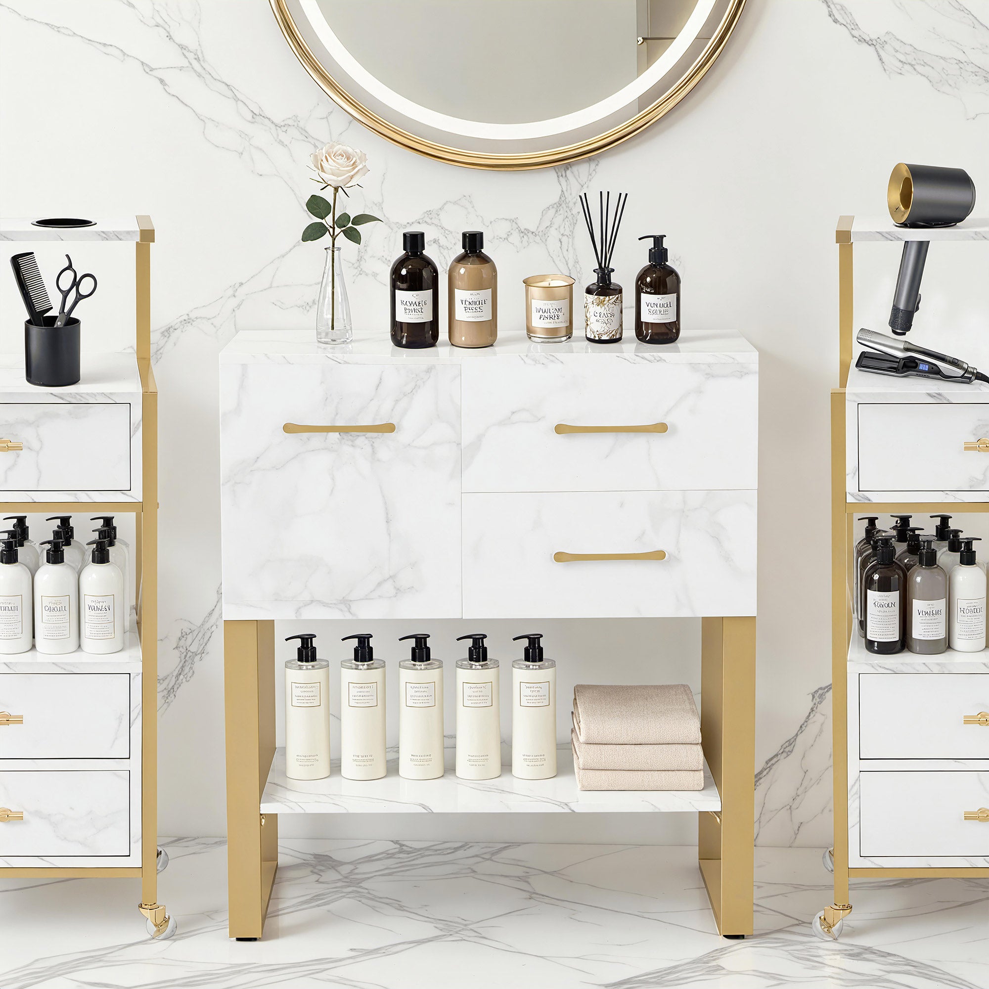 BarberPub Buffet avec 2 tiroirs, Meuble de salle de bain avec armoire et étagère ouverte, Commode à cadre métallique, Meuble d'appoint pour salon de coiffure, Armoire de rangement marbre blanc doré, 40x80x90,5cm, 6678