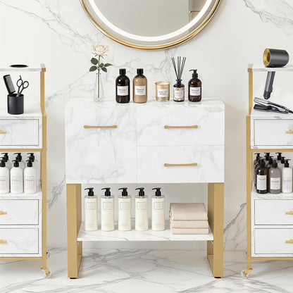 BarberPub Sideboard with 2 Drawers, Bathroom Cabinet with Cupboard & Open Shelf, Dresser with Metal Frame, Side Cabinet for Hair Salon, Storage Cabinet Marble-White Gold, 40x80x90.5cm, 6678
