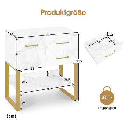 BarberPub Sideboard with 2 Drawers, Bathroom Cabinet with Cupboard & Open Shelf, Dresser with Metal Frame, Side Cabinet for Hair Salon, Storage Cabinet Marble-White Gold, 40x80x90.5cm, 6678