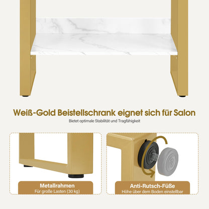 BarberPub Sideboard with 2 Drawers, Bathroom Cabinet with Cupboard & Open Shelf, Dresser with Metal Frame, Side Cabinet for Hair Salon, Storage Cabinet Marble-White Gold, 40x80x90.5cm, 6678