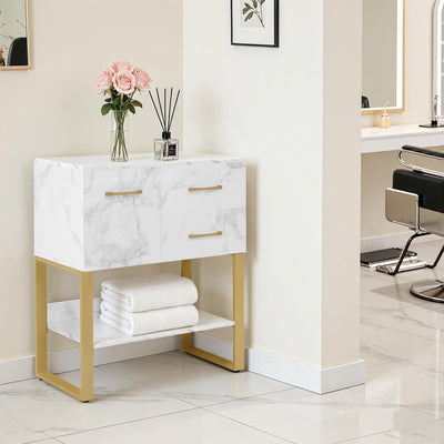 Credenza BarberPub con 2 cassetti, mobile da bagno con armadietto e ripiano aperto, cassettiera con struttura in metallo, mobile ausiliario per salone da parrucchiere, armadietto contenitore effetto marmo bianco e oro, 40x80x90,5 cm, 6678