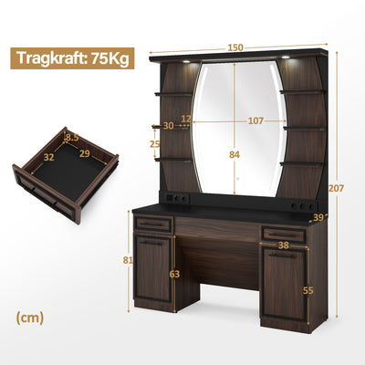 Postazione da parrucchiere BarberPub con 2 cassetti, tavolo da trucco con specchio, postazione di lavoro con 6 ripiani e 2 armadietti, mobiletto a specchio con illuminazione, tavolo a specchio moderno, arredamento per parrucchieri, J3131 (marrone)