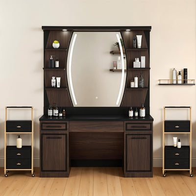 Postazione da parrucchiere BarberPub con 2 cassetti, tavolo da trucco con specchio, postazione di lavoro con 6 ripiani e 2 armadietti, mobiletto a specchio con illuminazione, tavolo a specchio moderno, arredamento per parrucchieri, J3131 (marrone)