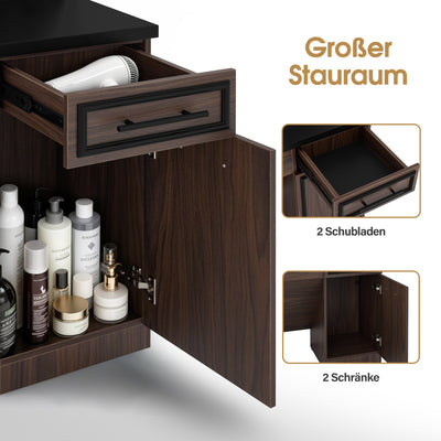 Postazione da parrucchiere BarberPub con 2 cassetti, tavolo da trucco con specchio, postazione di lavoro con 6 ripiani e 2 armadietti, mobiletto a specchio con illuminazione, tavolo a specchio moderno, arredamento per parrucchieri, J3131 (marrone)