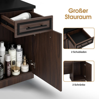 BarberPub Friseurplatz mit 2 Schubladen, Schminktisch mit Spiegel, Bedienungsplatz mit 6 Ablagen & 2 Schränken, Spiegelschrank mit Beleuchtung, Spiegeltisch Modern, Friseureinrichtung, J3131 (Braun)