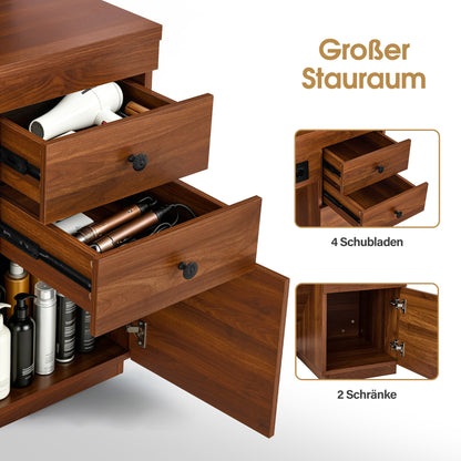 BarberPub Friseurplatz mit 4 Schubladen, Schminktisch mit Spiegel, Bedienungsplatz mit 6 Ablagen & 2 Schränken, Spiegelschrank mit Beleuchtung, Spiegeltisch, Friseureinrichtung, J3140 (Braun)